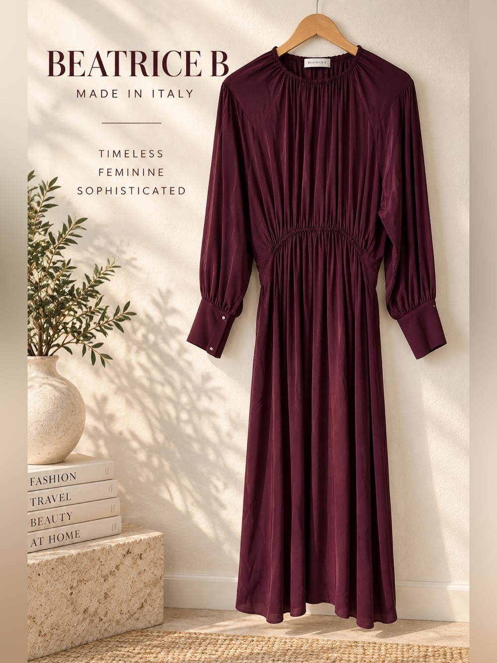 Beatrice B Burgundy Silk Blend Ruched Midi Dress Size S / US 4